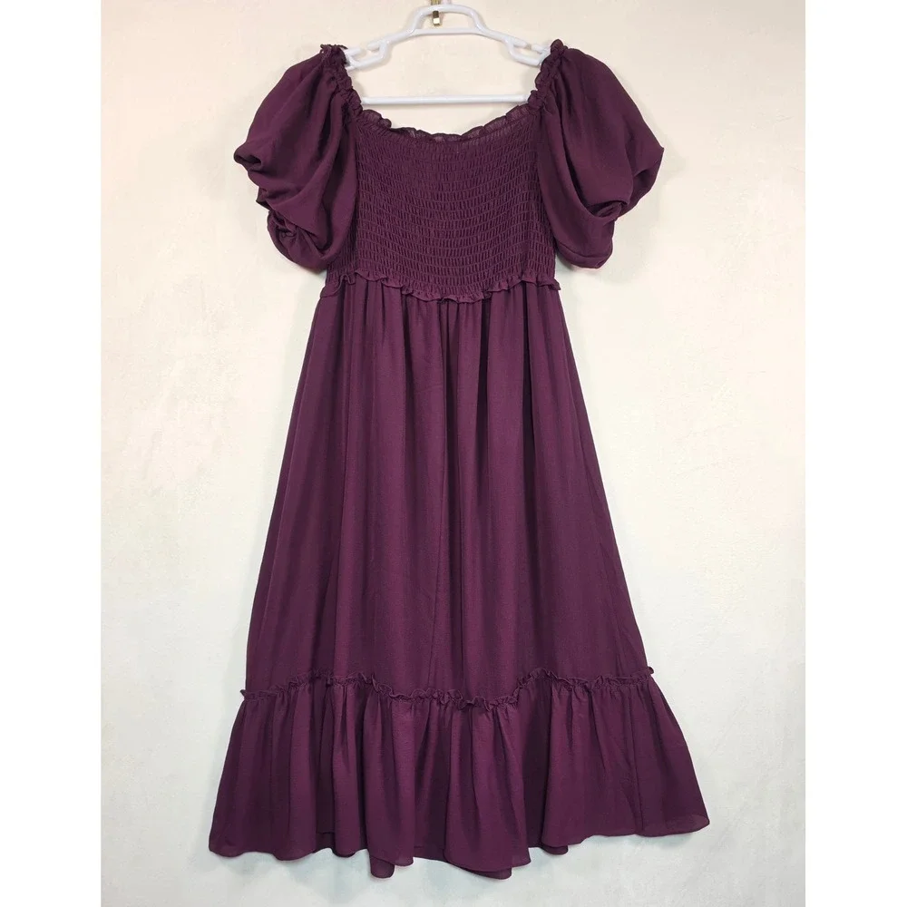 Max Studio‎ Maxi Dress Womens L Purple Boho Cottage Puff Sleeve Tiered Smocked